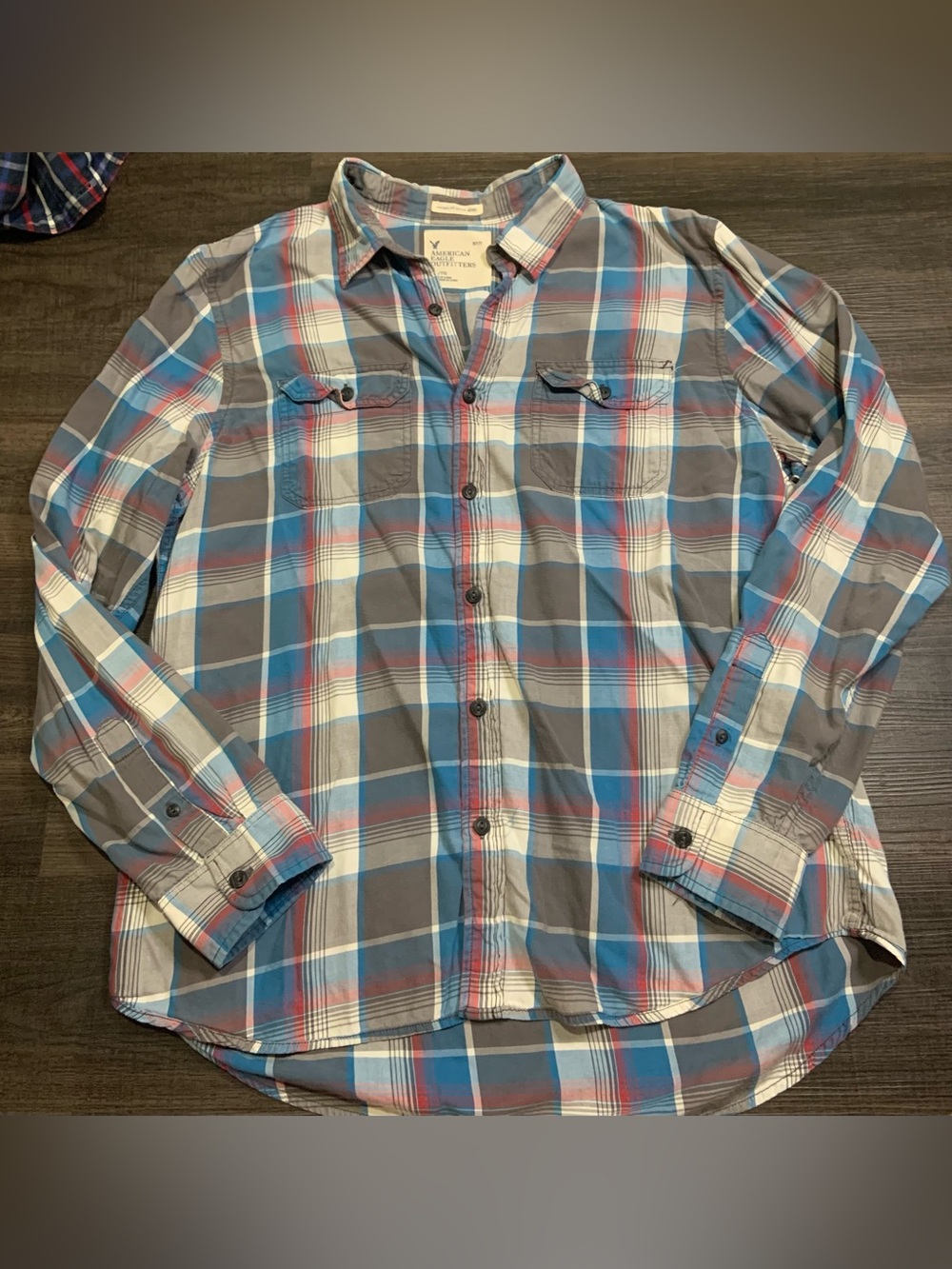 American Eagle Outfitters Plaid Button-Down Shirt in Blue, Gray and White